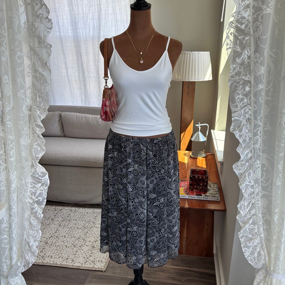 2000s Kim Rogers Paisley Flowy Midi Skirt Lined Y2K Slinky Summer Petite Medium